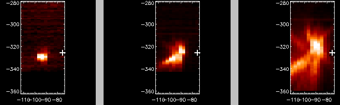 EIS raster at 07:50, 5-Oct-2014. Left panel shows O IV 278; middle panel shows Mg VI 269 and right panel shows Fe IX 197. Linear intensity shown.